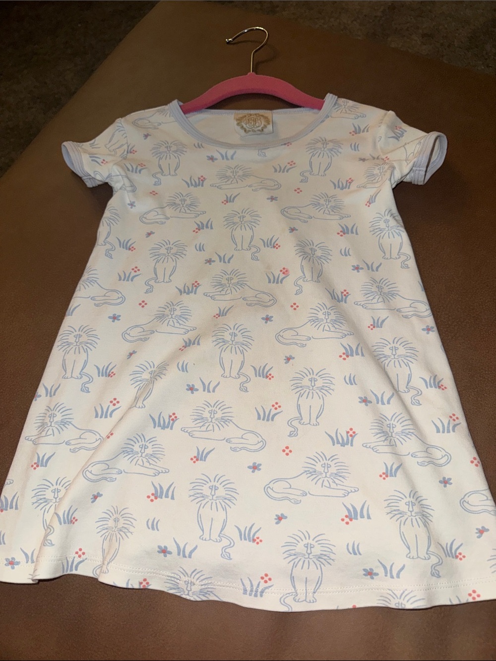 Kids Lion Print Short-Sleeve Pajama Dress - White & Light Blue